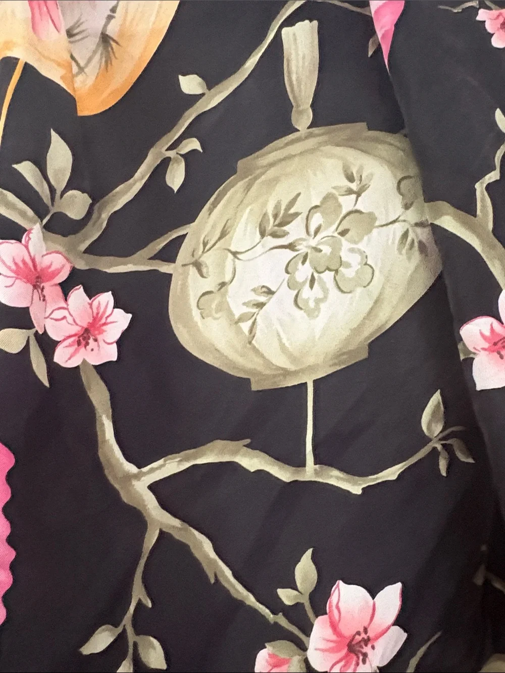 Talbots Black Floral Lantern Print Silk Scarf with Pink and Green Accents